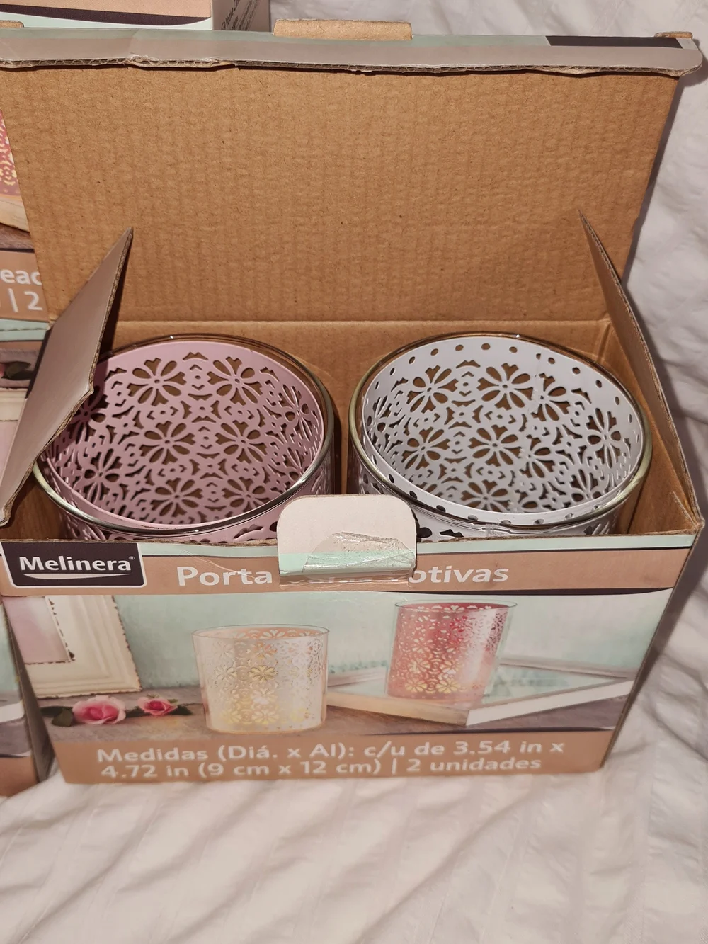 New 4 boxes of 2 Floral Cutout Votive Candle Holders in White and Pink (8 total)
